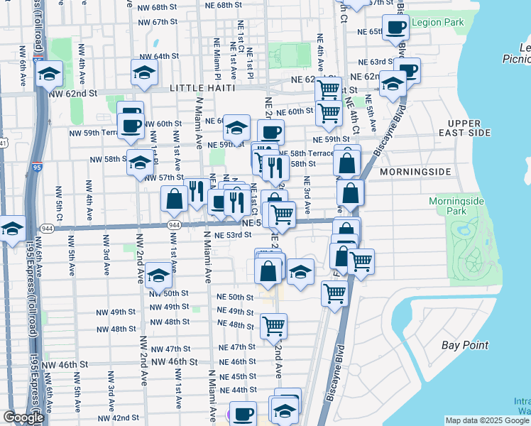 map of restaurants, bars, coffee shops, grocery stores, and more near 139 Northeast 54th Street in Miami