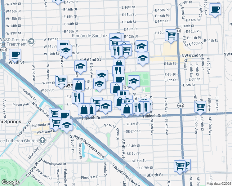 map of restaurants, bars, coffee shops, grocery stores, and more near 380 East 4th Avenue in Hialeah