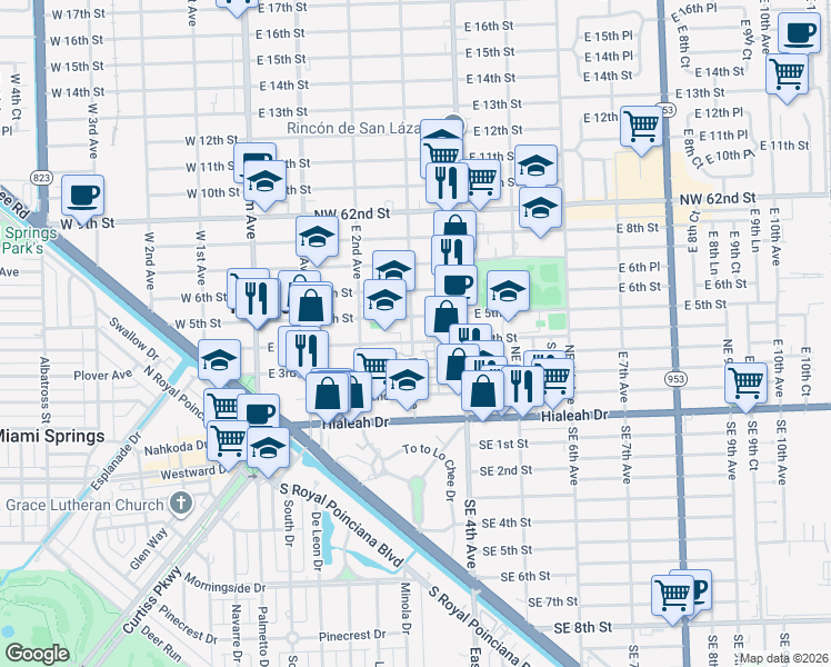 map of restaurants, bars, coffee shops, grocery stores, and more near 296 East 4th Street in Hialeah