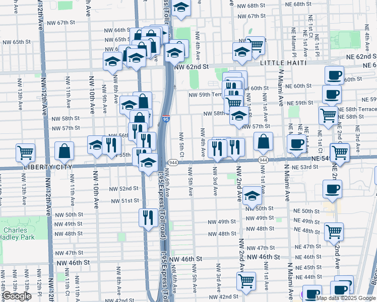 map of restaurants, bars, coffee shops, grocery stores, and more near 5422 Northwest 5th Court in Miami