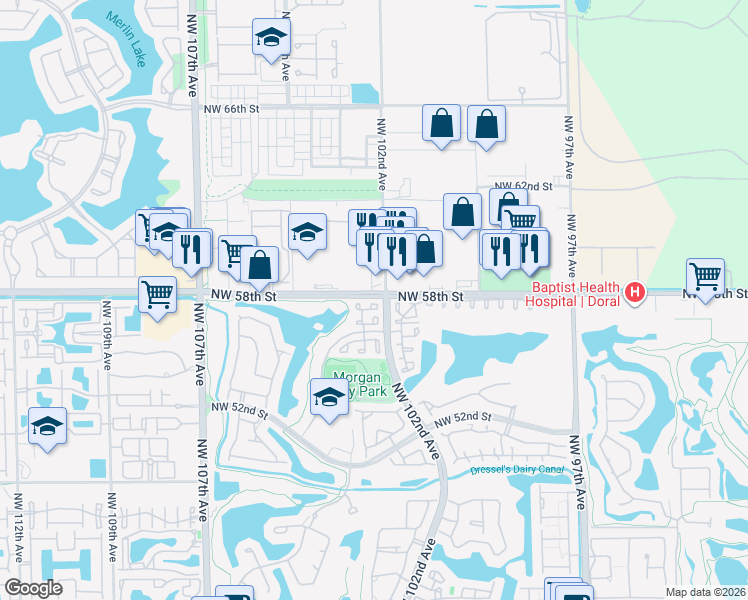 map of restaurants, bars, coffee shops, grocery stores, and more near 10229 Northwest 57th Street in Doral