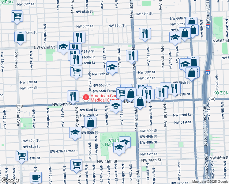 map of restaurants, bars, coffee shops, grocery stores, and more near 1383 Northwest 55th Street in Miami