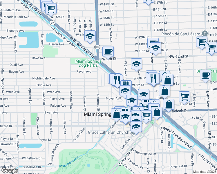 map of restaurants, bars, coffee shops, grocery stores, and more near 392 North Royal Poinciana Boulevard in Miami Springs