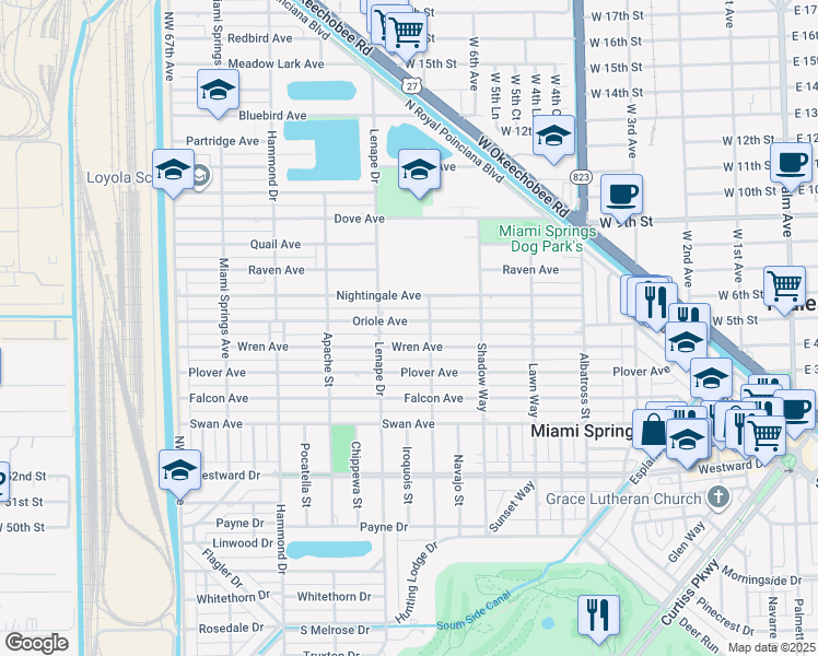 map of restaurants, bars, coffee shops, grocery stores, and more near 831 Wren Avenue in Miami Springs