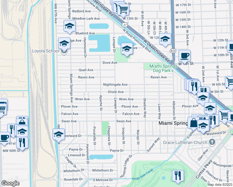map of restaurants, bars, coffee shops, grocery stores, and more near 911 Wren Avenue in Miami Springs