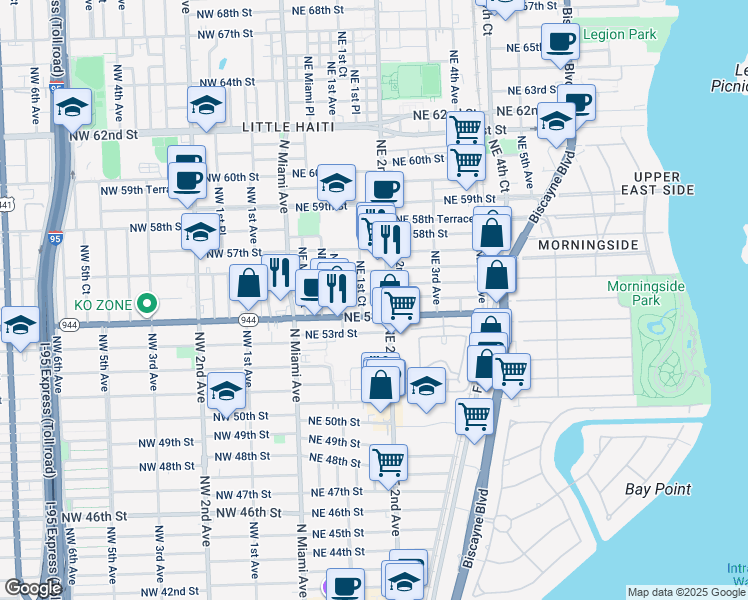 map of restaurants, bars, coffee shops, grocery stores, and more near 139 Northeast 54th Street in Miami