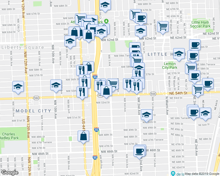 map of restaurants, bars, coffee shops, grocery stores, and more near 445 Northwest 54th Street in Miami