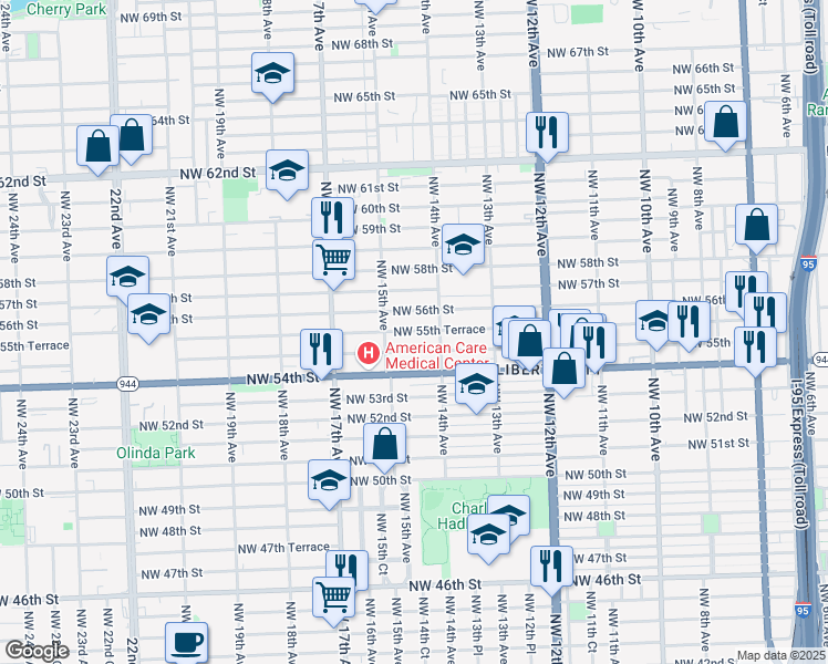 map of restaurants, bars, coffee shops, grocery stores, and more near 1453 Northwest 55th Street in Miami
