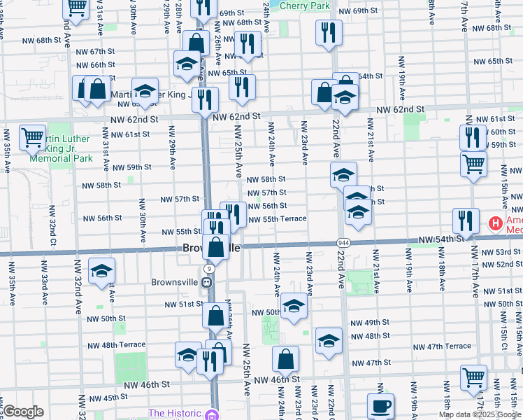 map of restaurants, bars, coffee shops, grocery stores, and more near 2460 Northwest 55th Terrace in Miami