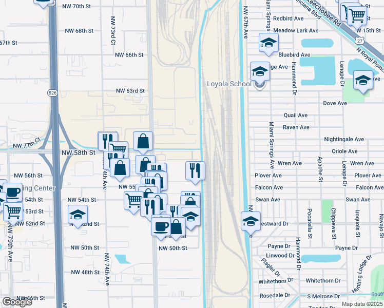 map of restaurants, bars, coffee shops, grocery stores, and more near Northwest 58th Street in Miami