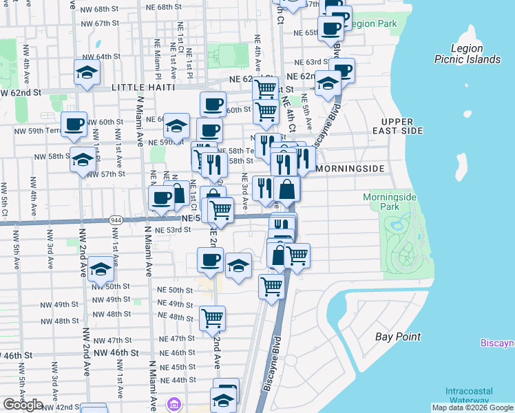 map of restaurants, bars, coffee shops, grocery stores, and more near 360 Northeast 54th Street in Miami