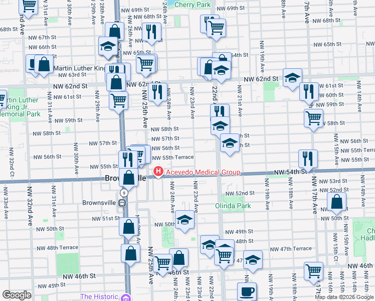 map of restaurants, bars, coffee shops, grocery stores, and more near 5528 Northwest 23rd Avenue in Miami