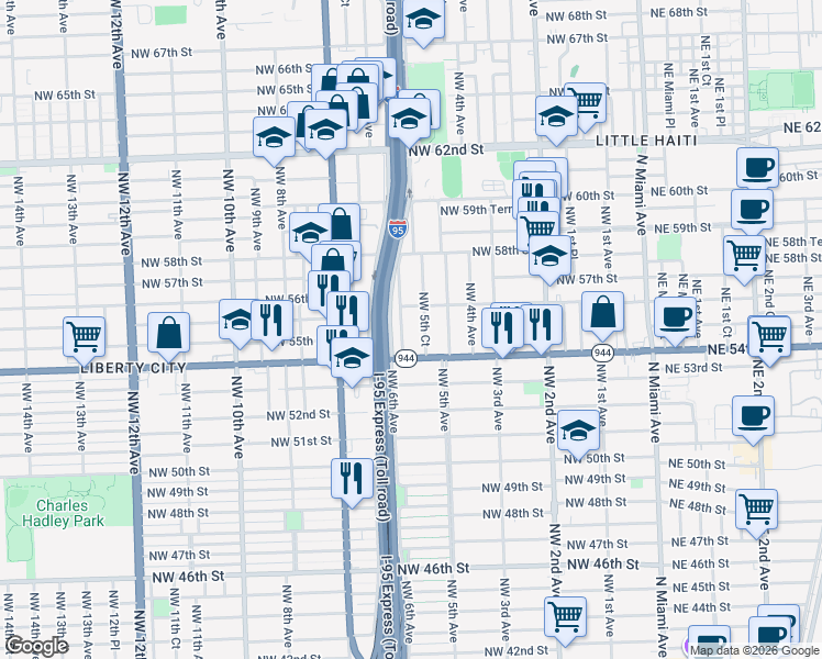 map of restaurants, bars, coffee shops, grocery stores, and more near 5422 Northwest 5th Court in Miami