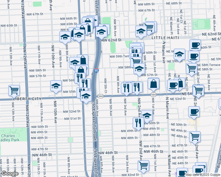 map of restaurants, bars, coffee shops, grocery stores, and more near 445 Northwest 54th Street in Miami