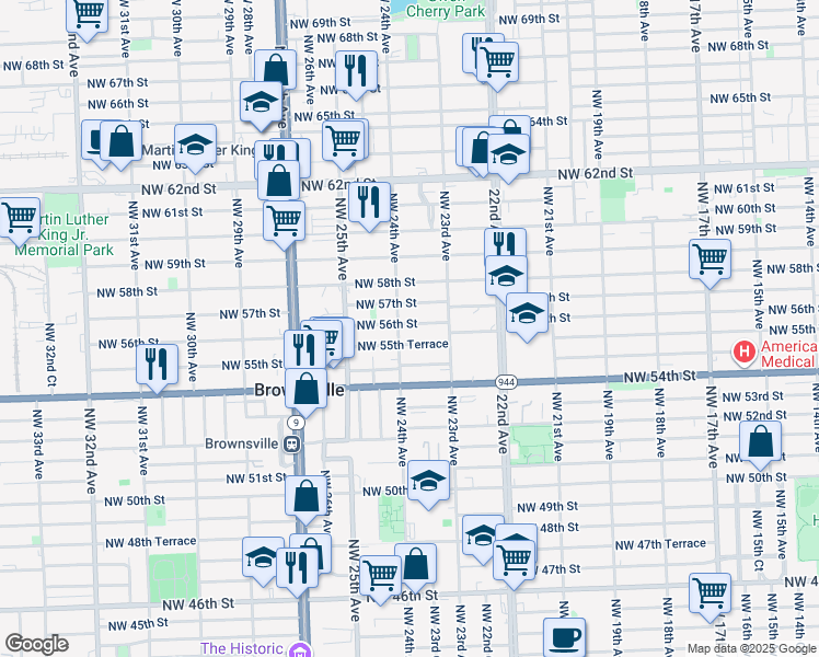 map of restaurants, bars, coffee shops, grocery stores, and more near 5531 Northwest 24th Avenue in Miami