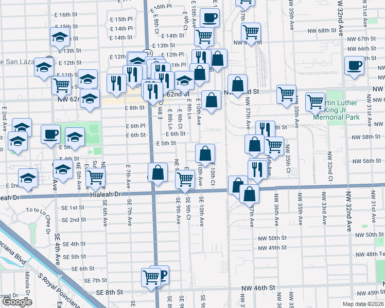 map of restaurants, bars, coffee shops, grocery stores, and more near 970 East 4th Street in Hialeah