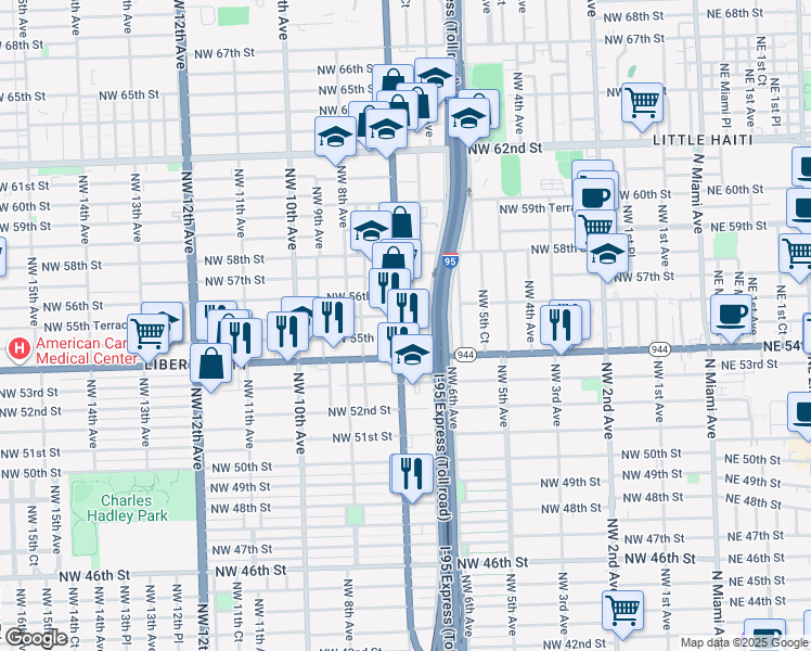 map of restaurants, bars, coffee shops, grocery stores, and more near in Miami