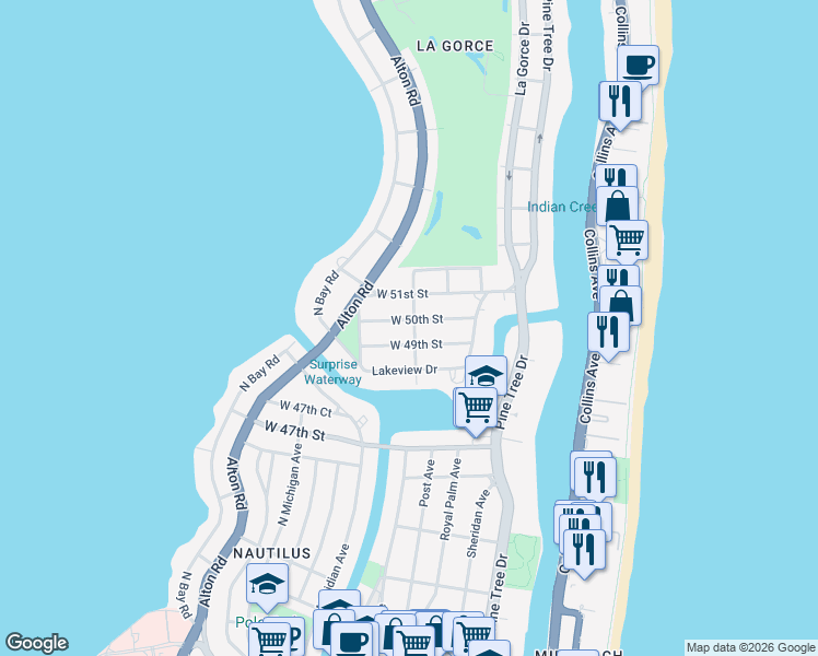 map of restaurants, bars, coffee shops, grocery stores, and more near 737 West 49th Street in Miami Beach