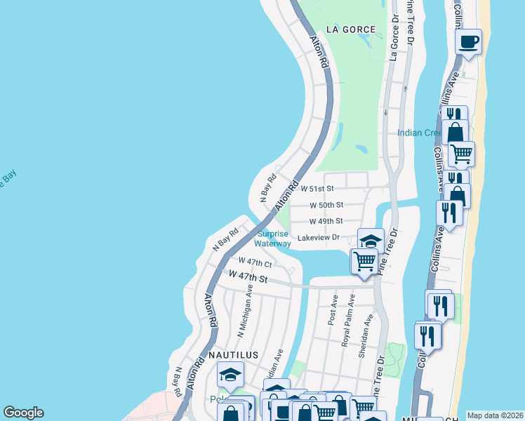 map of restaurants, bars, coffee shops, grocery stores, and more near 5000 North Bay Road in Miami Beach