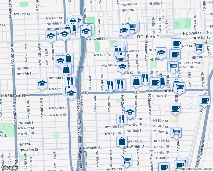 map of restaurants, bars, coffee shops, grocery stores, and more near 5411 Northwest 3rd Avenue in Miami