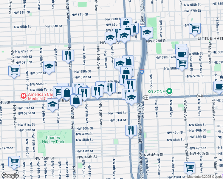 map of restaurants, bars, coffee shops, grocery stores, and more near 5455 Northwest 9th Avenue in Miami