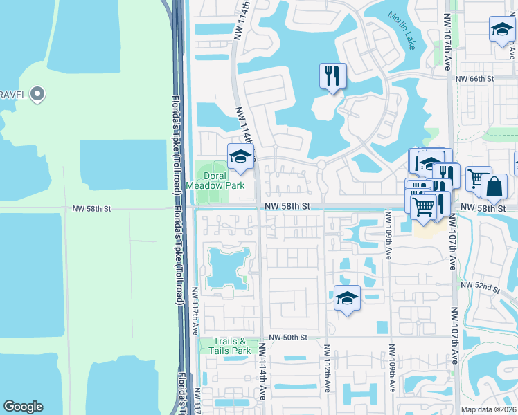 map of restaurants, bars, coffee shops, grocery stores, and more near 5620 Northwest 114th Avenue in Doral