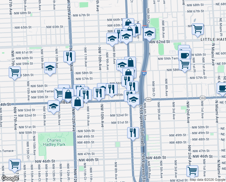 map of restaurants, bars, coffee shops, grocery stores, and more near 5455 Northwest 9th Avenue in Miami