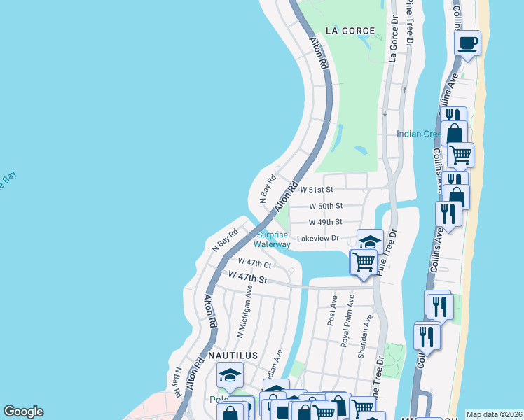 map of restaurants, bars, coffee shops, grocery stores, and more near 5000 North Bay Road in Miami Beach