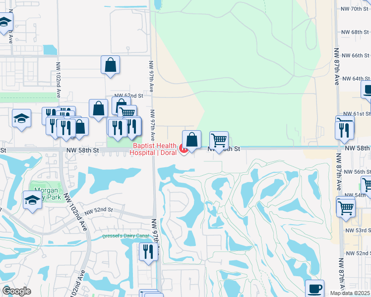 map of restaurants, bars, coffee shops, grocery stores, and more near 9559 Northwest 58th Street in Miami