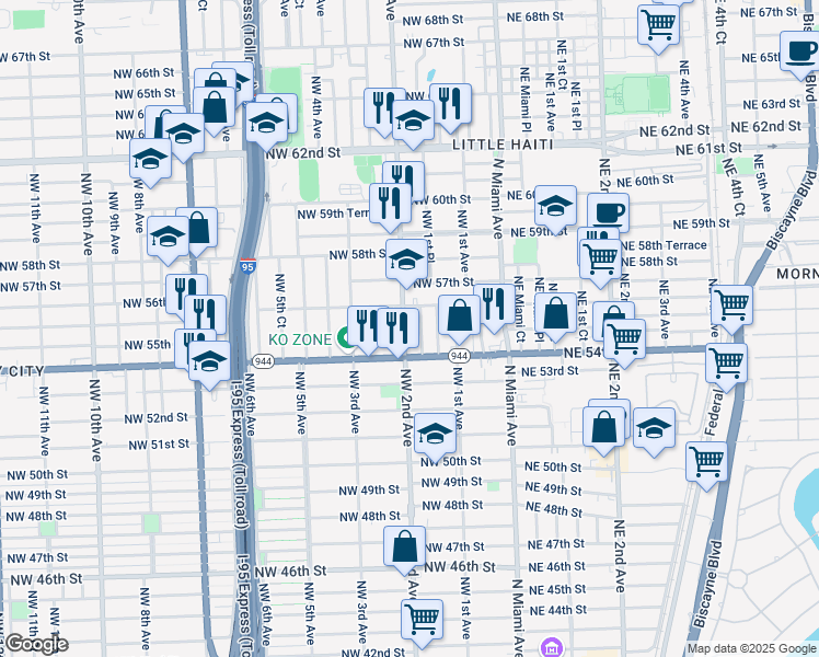map of restaurants, bars, coffee shops, grocery stores, and more near in Miami