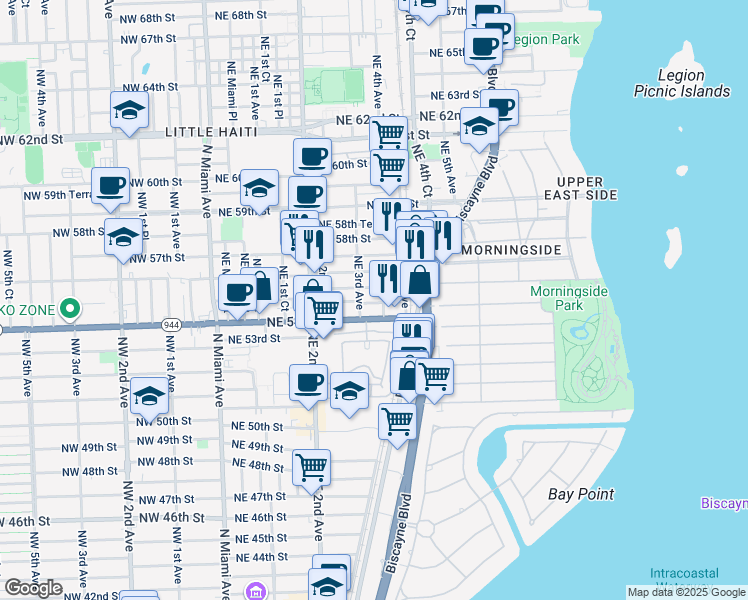 map of restaurants, bars, coffee shops, grocery stores, and more near 360 Northeast 54th Street in Miami