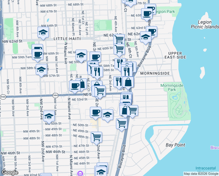 map of restaurants, bars, coffee shops, grocery stores, and more near 297 Northeast 54th Street in Miami