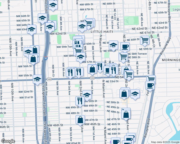 map of restaurants, bars, coffee shops, grocery stores, and more near 151 Northwest 54th Street in Miami