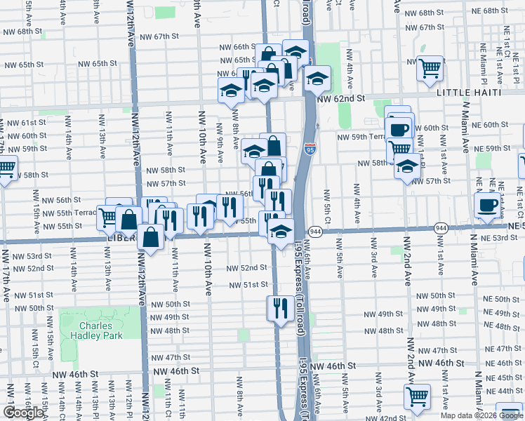 map of restaurants, bars, coffee shops, grocery stores, and more near 5497 Northwest 7th Court in Miami