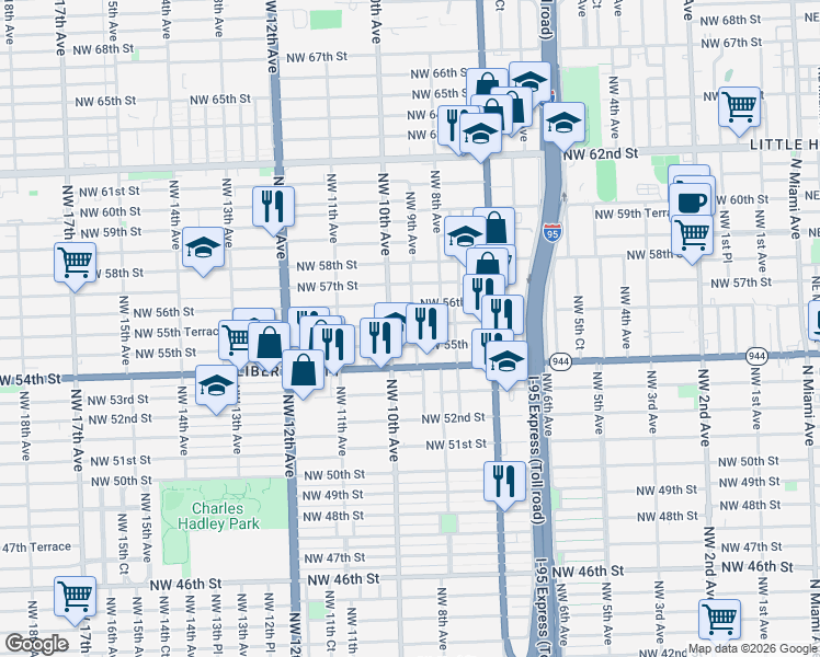 map of restaurants, bars, coffee shops, grocery stores, and more near 5455 Northwest 9th Avenue in Miami
