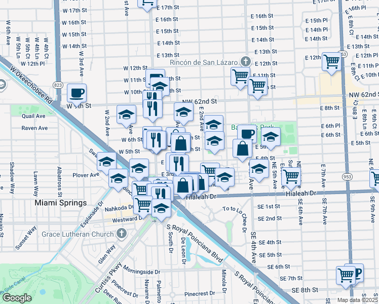 map of restaurants, bars, coffee shops, grocery stores, and more near 145 East 4th Street in Hialeah