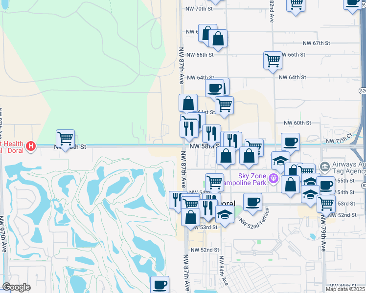 map of restaurants, bars, coffee shops, grocery stores, and more near in Doral