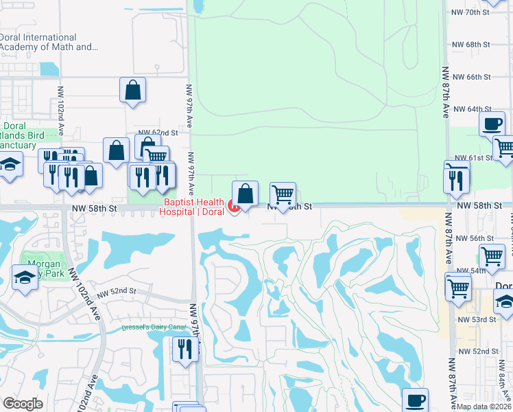 map of restaurants, bars, coffee shops, grocery stores, and more near 9450 Northwest 58th Street in Miami
