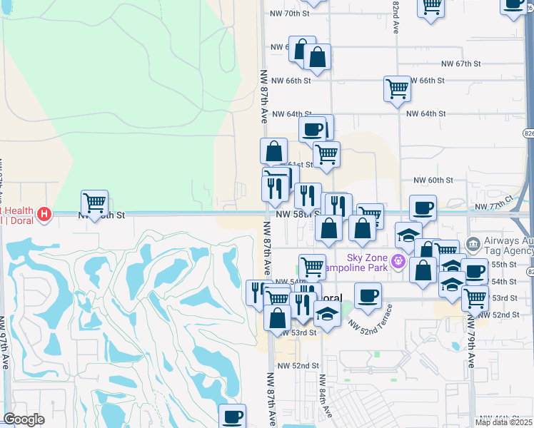 map of restaurants, bars, coffee shops, grocery stores, and more near in Doral