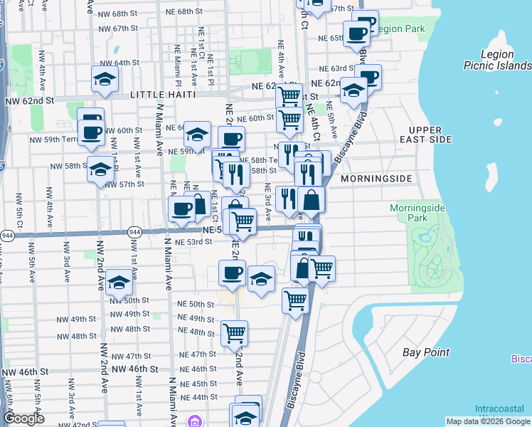 map of restaurants, bars, coffee shops, grocery stores, and more near 297 Northeast 54th Street in Miami