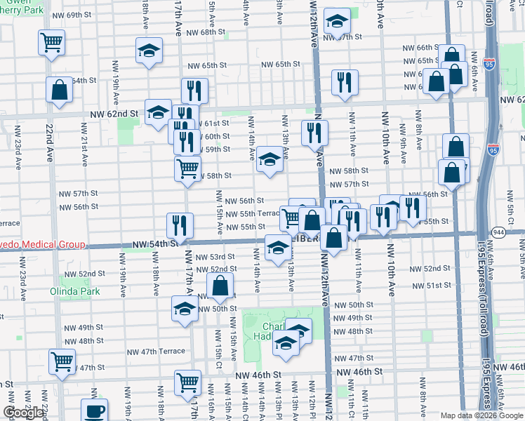 map of restaurants, bars, coffee shops, grocery stores, and more near 1381 Northwest 56th Street in Miami