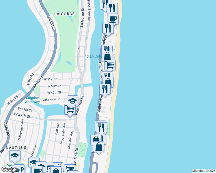 map of restaurants, bars, coffee shops, grocery stores, and more near 5025 Collins Avenue in Miami