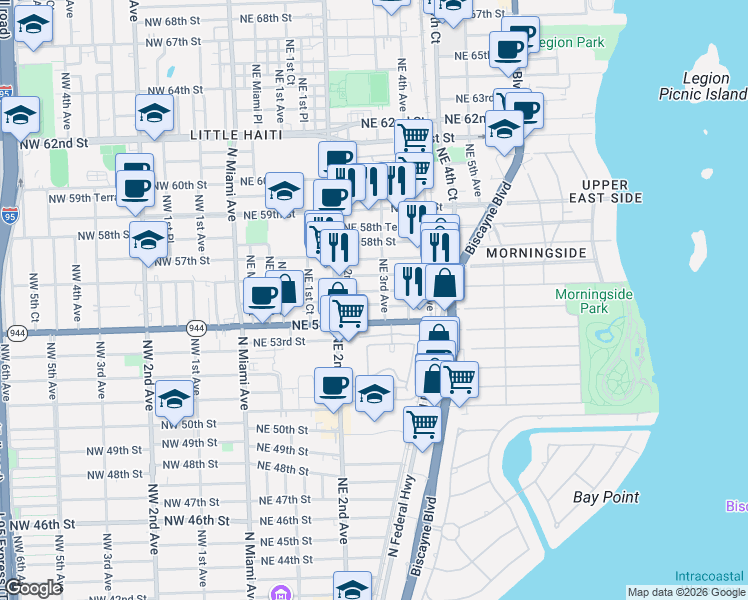 map of restaurants, bars, coffee shops, grocery stores, and more near 282 Northeast 56th Street in Miami