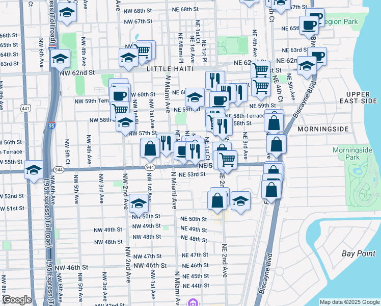 map of restaurants, bars, coffee shops, grocery stores, and more near 5540 Northeast 1st Avenue in Miami