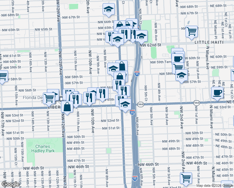 map of restaurants, bars, coffee shops, grocery stores, and more near 750 Northwest 56th Street in Miami