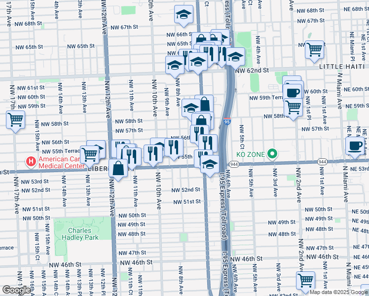 map of restaurants, bars, coffee shops, grocery stores, and more near 750 Northwest 56th Street in Miami