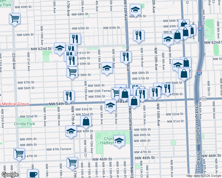 map of restaurants, bars, coffee shops, grocery stores, and more near 5610 Northwest 13th Avenue in Miami
