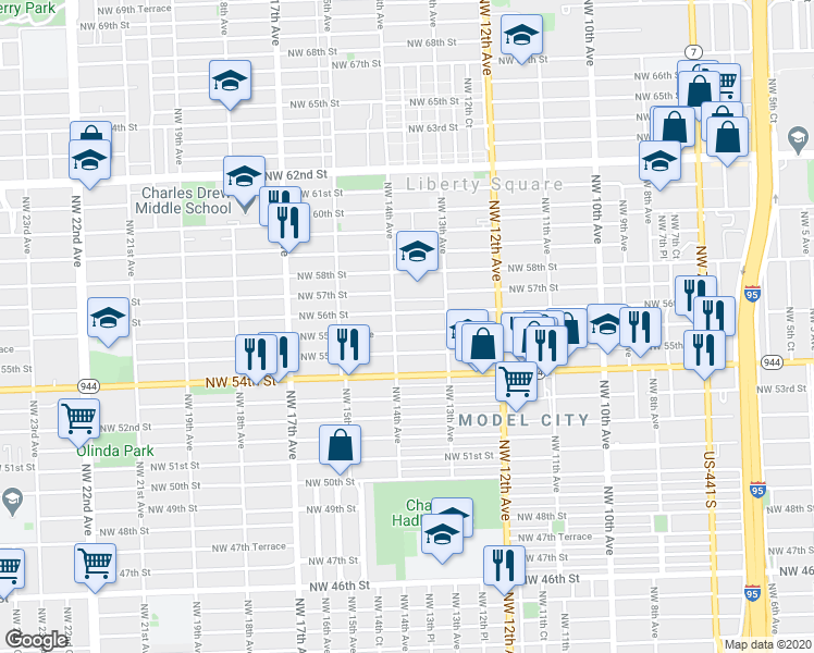 map of restaurants, bars, coffee shops, grocery stores, and more near 1381 Northwest 56th Street in Miami
