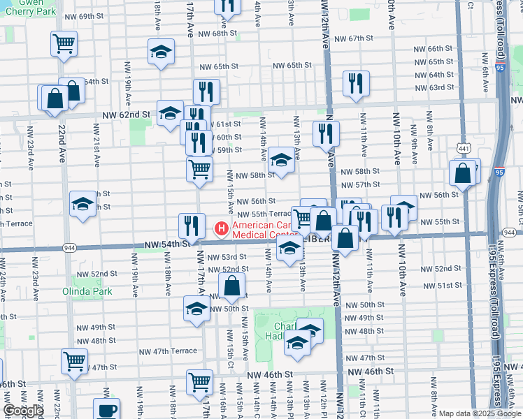 map of restaurants, bars, coffee shops, grocery stores, and more near 1445 Northwest 56th Street in Miami