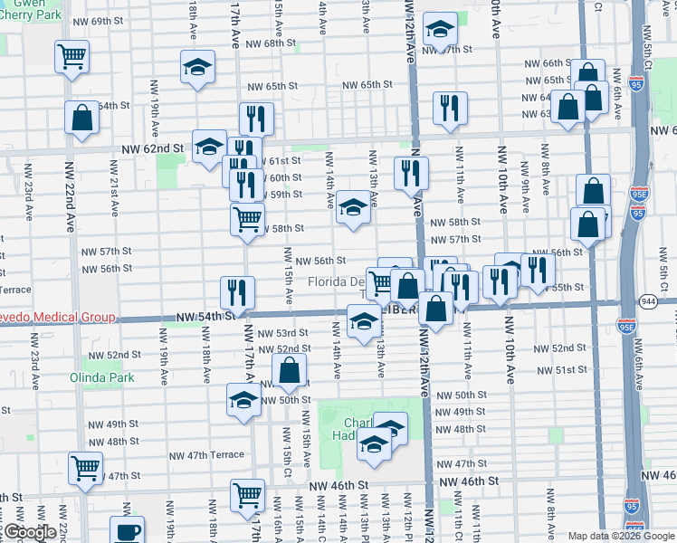 map of restaurants, bars, coffee shops, grocery stores, and more near 1391 Northwest 55th Terrace in Miami